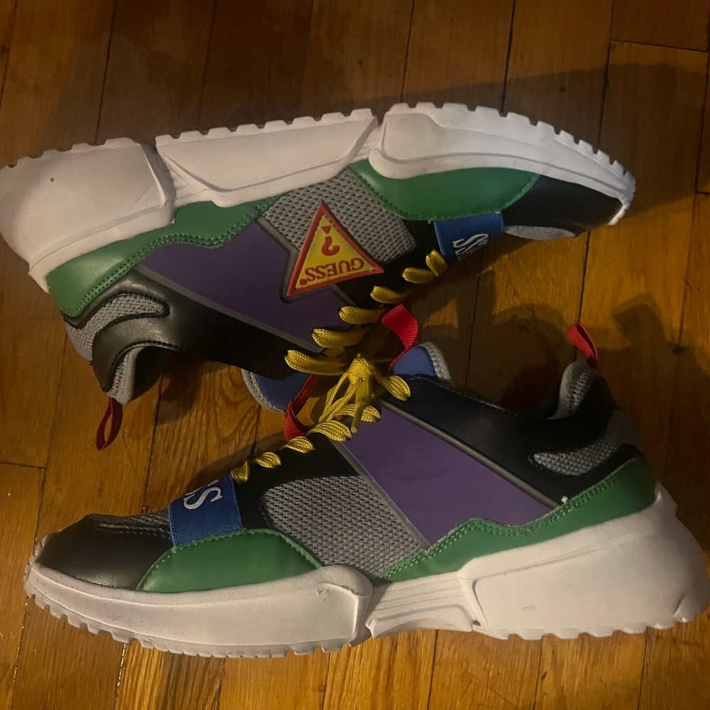 Colorful sneakers with laces and Velcro.